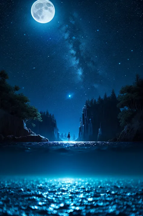 starry sky, outdoors, moon, moonlight, clear moon, sea, night, water surface, tree, forest, blue background, fantasy, anime, 2d,...