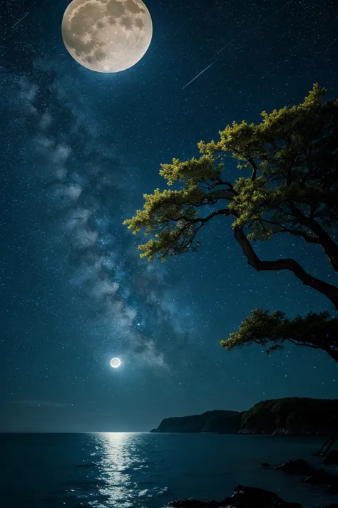 starry sky, outdoors, moon, moonlight, clear moon, one moon, yellow moon, sea, night, water surface, tree, forest, blue backgrou...