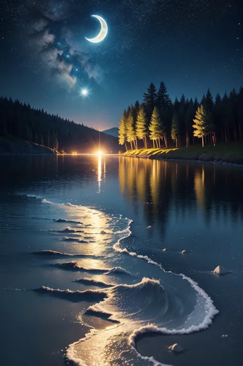 starry sky, outdoors, moon, moonlight, clear moon, one moon, yellow moon, sea, night, water surface, tree, forest, blue backgrou...