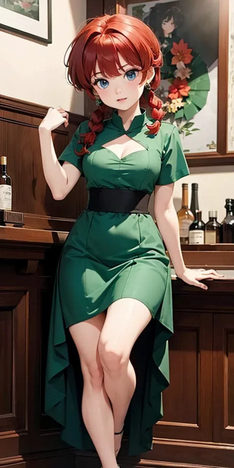 a girl, green cocktail dress, very close, redhead, ranma 1/2, blue eyes