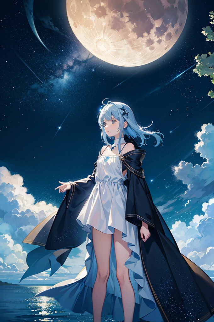 starry sky, outdoors, moon, moonlight, clear moon, one moon, yellow moon, sea, night, water surface, tree, (forest: 0.8), blue background, fantasy, anime, 2d, blurry foreground, beautiful star, many star, no cloud, (without girl, no girl: 1.2)