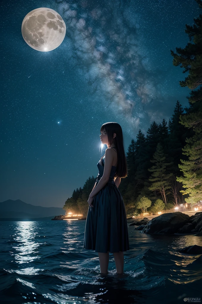 starry sky, outdoors, moon, moonlight, clear moon, one moon, yellow moon, sea, night, water surface, tree, (forest: 0.8), blue background, fantasy, anime, 2d, blurry foreground, beautiful star, many star, no cloud, (without girl, no girl: 1.2)