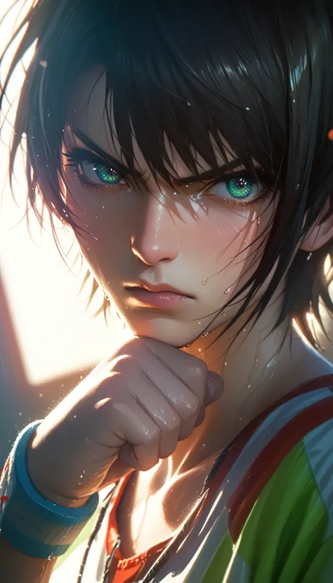 shubabase, black hair, gradient eyes, aqua eyes, short hair, loose shirt, vertical-striped shirt,wristband, close-up details, re...