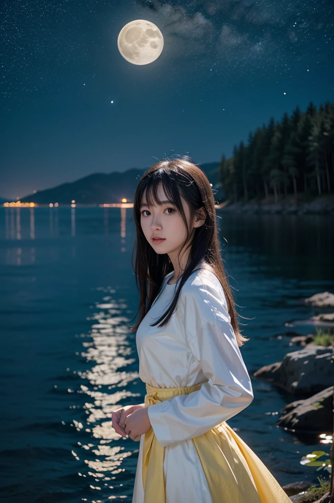 starry sky, outdoors, moon, moonlight, clear moon, one moon, yellow moon, sea, night, water surface, tree, (forest: 0.8), blue background, fantasy, anime, 2d, blurry foreground, beautiful star, many star, no cloud, only background, (without girl, no girl: 1.2)