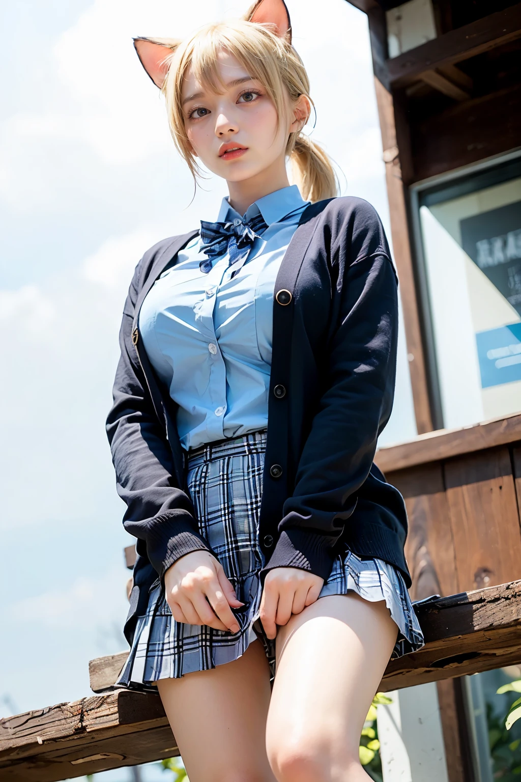 Masterpiece, 4K, bokeh, (School uniform:1.3), (Bright Blonde hair:1.6), (ponytail:1.2),(Blushed face:1.3), (Plump breast:1.2),  (Cat ears:1.3),


BREAK (cute school uniform:1.3), ((outerwear is dark navy cotton cardigan, closed front, long sleeves, dark navy tops):1.3), (button-up:1.5), (innerwear is plain white collared shirt:1.3), (light blue gingham plaid ribbon on neck:1.4), ((light blue gingham plaid pleated skirt, mini skirt):1.3), ((white socks, loafers):1.2),

(From below:1.5),(Sundown train:1.2), (Orange beautiful sky and clouds:1.2)
