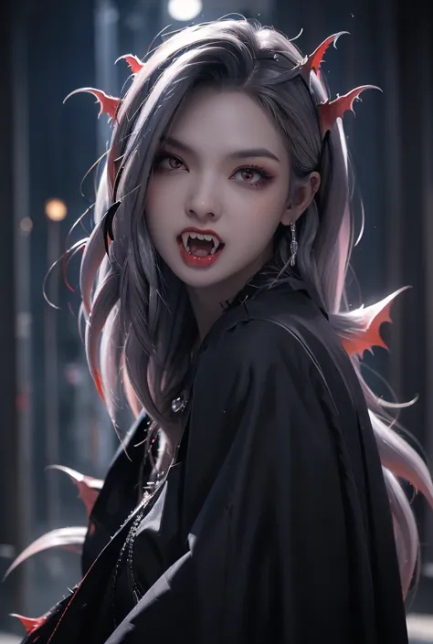 (((female vampire)))、(((yawn)))、(((open your mouth wide)))、(((face close-up)))、(((silver hair)))、(it has two fangs:1.8)、(bat win...