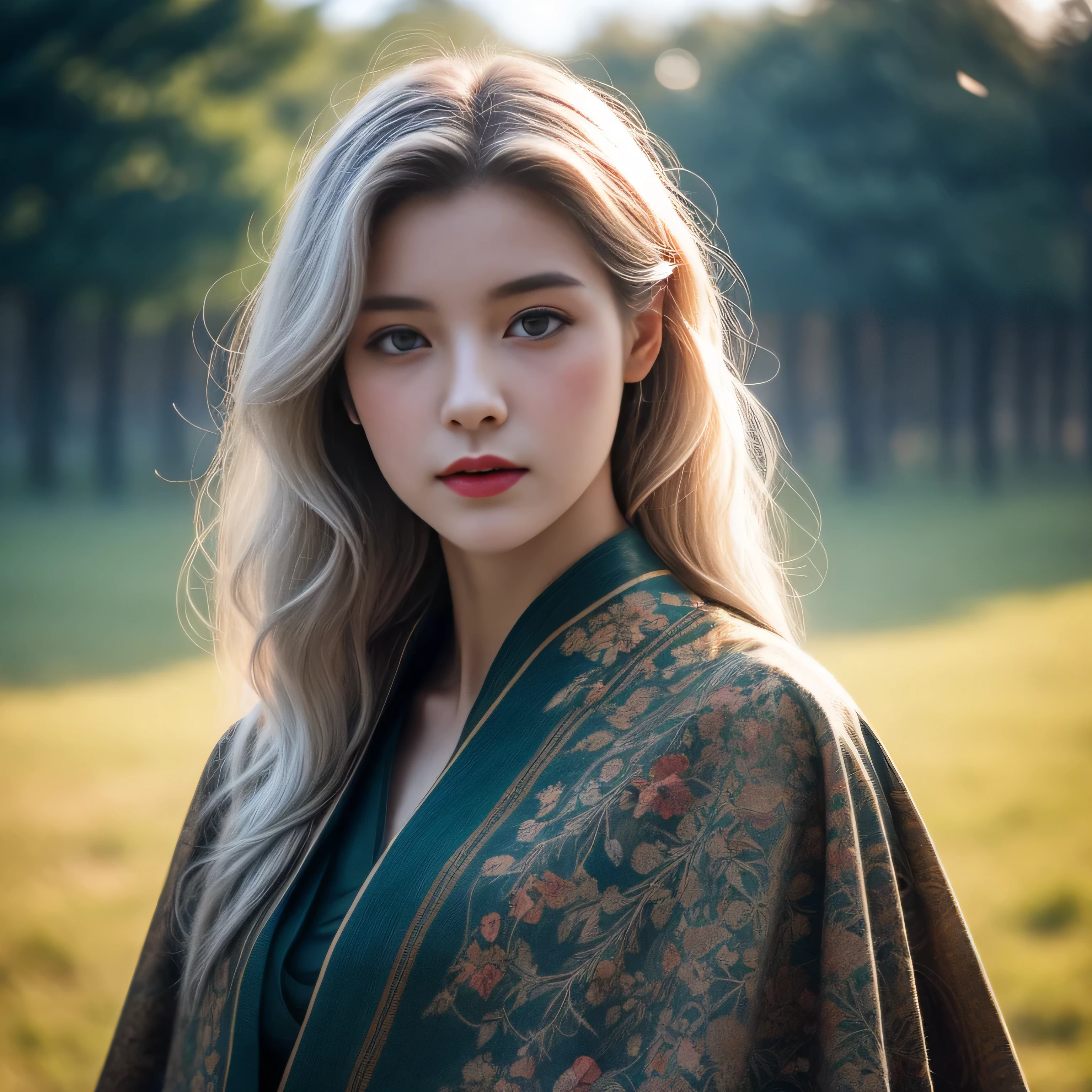 photorealistic, masterpiece, photorealistic, high resolution, soft light, hips up, blue eyes, white hair, long hair, Intricate details EABA, cloaks, short hand-fan, Royal Singer, flora Hanfu, dandy, floating cloak in wind, sunset