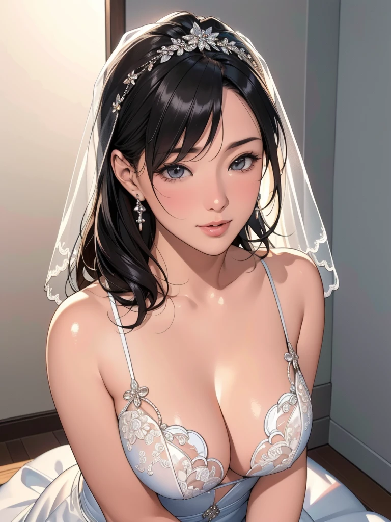 Beautiful woman in wedding dress、High quality 8K CGI、Very detailed、Photorealistic、1 girl、Bridal Veil、Wedding Dresses、curtain、jewelry、Earrings、teeth、Black Hair、Highly textured raw skin、(Highest quality、4K、8k、High resolution、masterpiece:1.2)、Super detailed、(Real、Photorealistic、Photorealistic:1.37)、HDR、uhd、Studio Lighting、Ultra-fine painting、Sharp Focus、Physically Based Rendering、Very detailedな描写、professional、Bright colors、Bokeh、Portrait、Cinematic Lighting、Full body photography、Woman&#39;s back view、Look back at your audience。