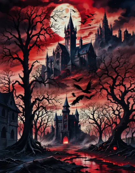 anime aestetics, grim scene, ((huge red eye at the skies)), gothic hospital, ravens flyting on the foreground, roots and banches...