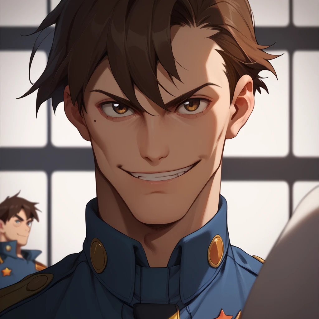 Scores_9, Scores_8_ Up, Scores_7_ Number 6_ Up, 1 boy, avatar, looking at the audience, medium short hair, uniform, slightly sideways, police uniform, smile, confident, brown hair, white background,