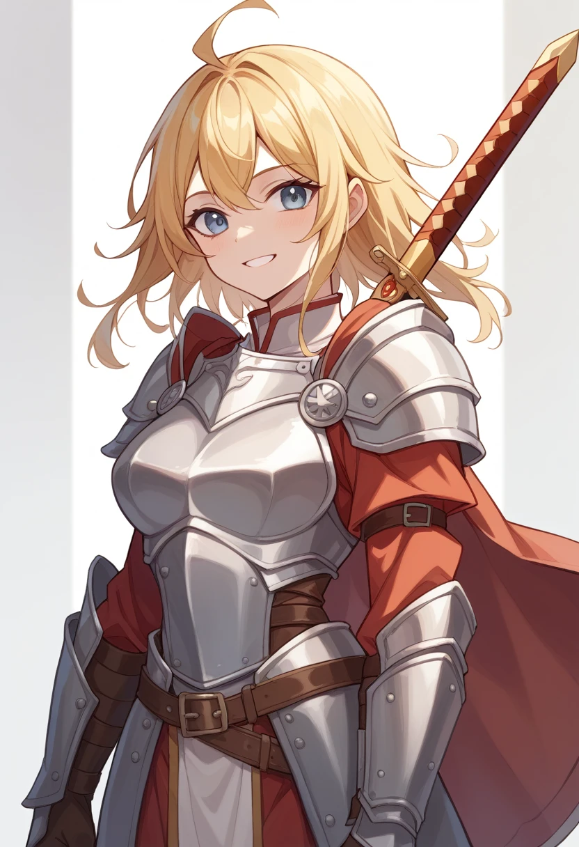 Honey blonde very very short、woman、Adventurer、Long sword、Round Shield、Character Introduction、Character portrait、Light Armor、Fearless smile