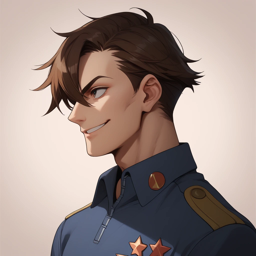 Scores_9, Scores_8_ Up, Scores_7_ Number 6_ Up, 1 boy, profile picture, eyes facing the audience, medium short hair, uniform, slightly sideways, police uniform, smile, confident, brown hair, simple background, only one man