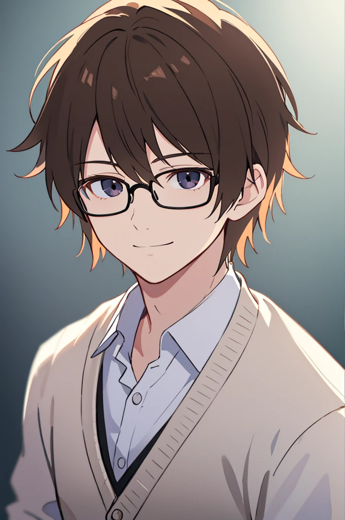 One young man, Short brown hair, black eye, Wear glasses, A kind smile, Wear a cardigan, Detailed facial features, high quality, masterpiece, 8k, High resolution, Studio Lighting, Very detailed, Ultra-fine painting, Physically Based Rendering, Vibrant colors, Dramatic lighting, thin