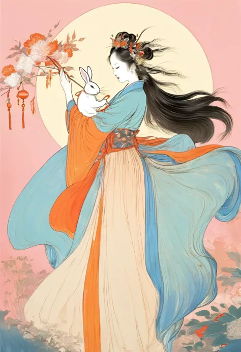 vector illustration, flat illustration, a young and beautiful woman with long flowing hair and traditional chinese clothing, fea...