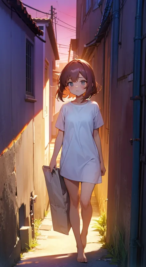 narrow alley,sunset sky,girl in white t-shirt,lower body naked,confused girl