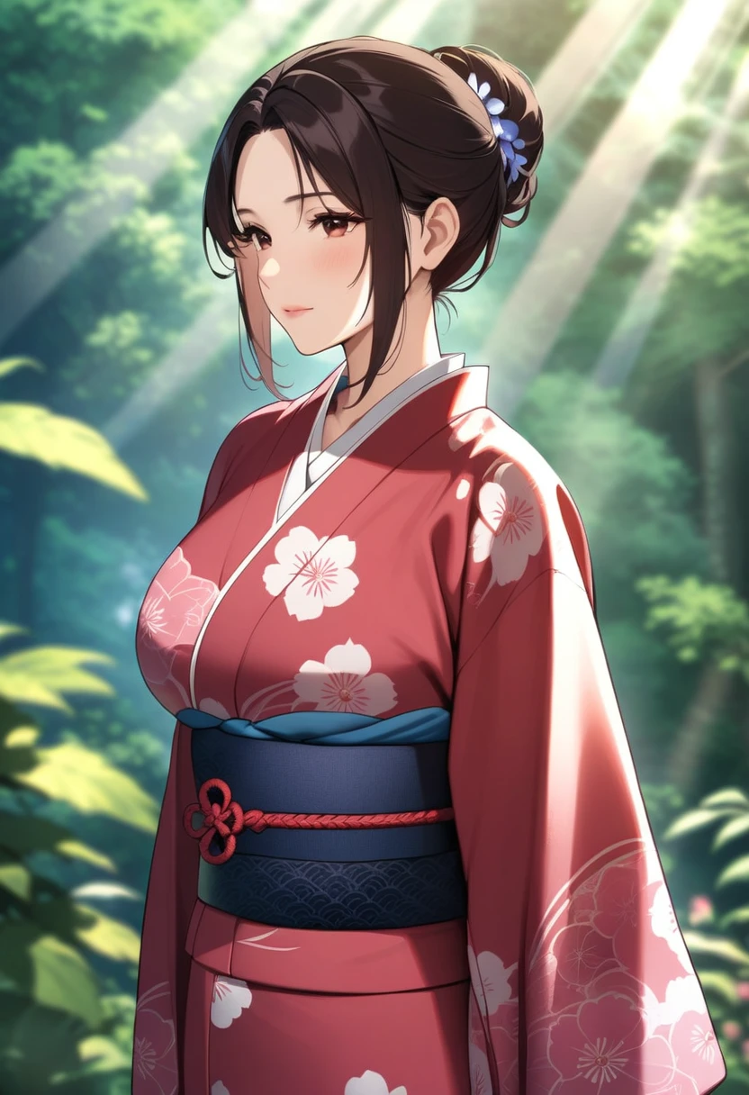 Warm feelings，Hollywood Quality，Cinematic Light，Shadows in the movie，Python wrapped around a beautiful woman，Beautiful woman wearing kimono，The Beauty of Japan，Rainforest Background，Blur the background，masterpiece