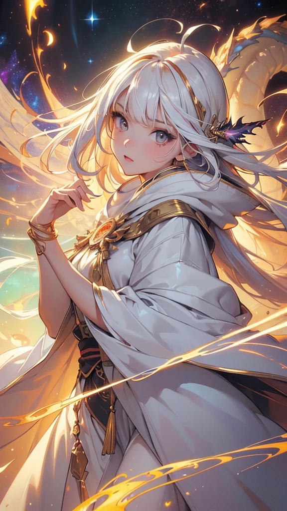 (masterpiece, top quality, best quality, official art, beautiful and aesthetic:1.2), (1girl), extreme detailed eyes, (fractal art:1.3), colorful, highest detailed, (perfect face), shiny skin, HDR, (white cloak golden lines:1.2), galaxy, (light streaks), striking visuals, (dynamic streaks, luminous trails:1.2), vibrant colors, (phoenix), (dragon)