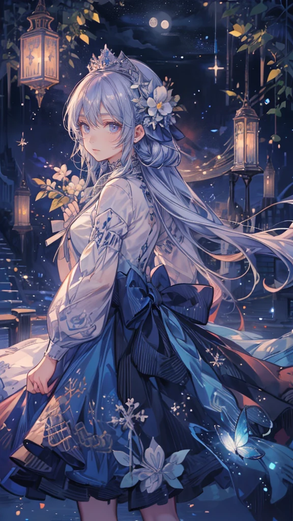 (Mastepiece), (Best Quality), Very detailed, 1 girl, (Solo Shooting:1.5), Perfect Face, beautiful girl, Very detailedな顔，(Blue Princess Dress:1.4)、(Long white hair:1.5)，(blue eyes:1.4)，(Princess:1.4)、(White flower:1.4)、(Blue Butterfly々:1.3)、(Castle:1.3)、moonlight、流れstar、(night、star空、White Moon:1.4)、star々、moonlight、Sparkling