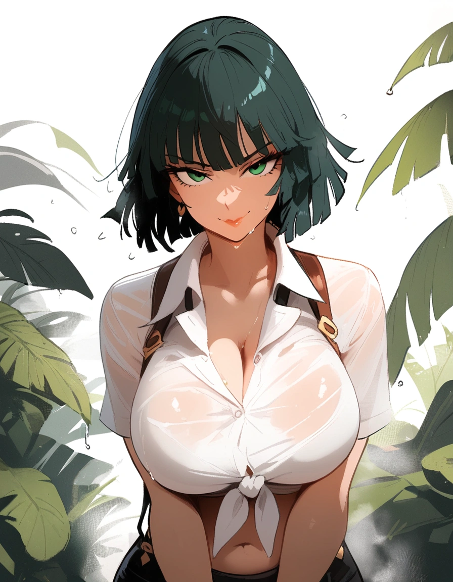 1girl, fubuki \(one-punch man\), one-punch man

\\\\\ masterpiece, best quality, newest, ///// nyantcha, khyle, cutesexyrobutts \\\\\  highres, absurdes. , solo, wet, sweat, shiny skin, straight-on,  big breasts, naughty face, , tied_shirt , three quarter view, . , breasts squeezed together, grey background, simple background, jungle, green eyes, suspenders , cropped torso, v arms, , navel, collared_shirt 
