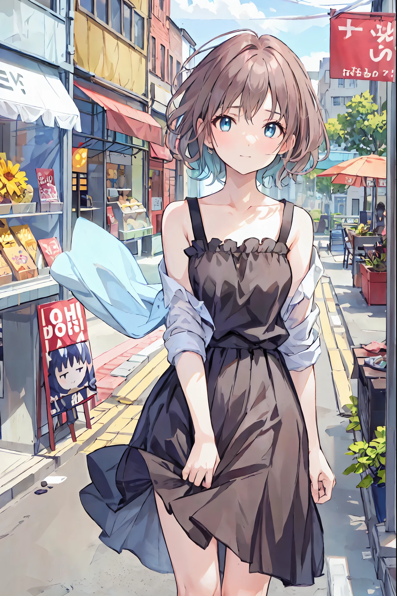 Brown Hair，Hair that grows to the shoulders，Messy Hair，Slender beauty，Good posture，Small breasts，Beautiful legs，Her mesmerizing grey-blue eyes shine like stars..，（Cute older sister:1.3）、Long eyelashes、smile,early summer vibes、Warm sunshine，noon、Aggressive、hot、((Strong winds))、Black camisole、Shining Eyes、Light blue shirt、Cafe，Anime girl standing in front of a store，Her mesmerizing grey-blue eyes shine like stars.