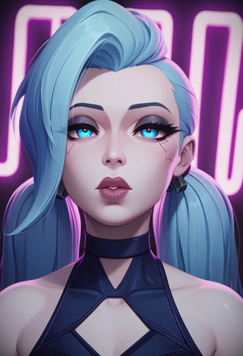 a female league of legends character, pigtails, straight bangs, grunge goth clothes, dark skin, light blue tired eyes, very light hair, beautiful detailed eyes, beautiful detailed lips, extremely detailed face, long eyelashes, moody expression, dark brooding atmosphere, high quality, 4k, 8k, hyperrealistic, photorealistic, studio lighting, extreme detail, masterpiece, cinematic lighting, dramatic colors, neon lights, cyberpunk, dark fantasy, black person 