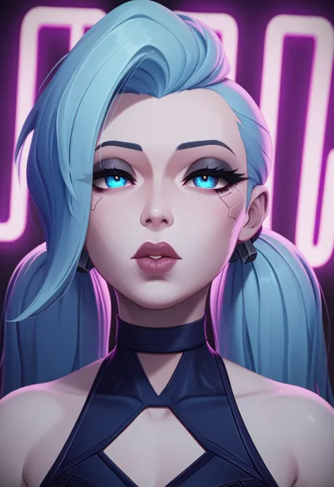 a female league of legends character, pigtails, straight bangs, grunge goth clothes, dark skin, light blue tired eyes, very ligh...