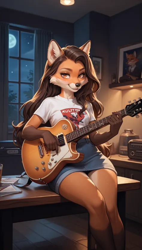 fox, furry, girl, playing guitar, sitting on the table, private room, at night, dark room, low light, polite, long hair, wide hi...