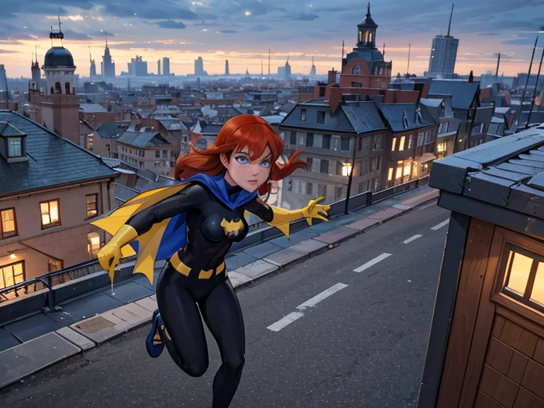 1girl, Barbara, red hair, blue eyes, bodysuit, blue cape, gloves, anxious, outside, running across a rooftop, cityscape, windy, daytime, cloudy sky, extreme detail, hdr, beautiful quality, dynamic pose