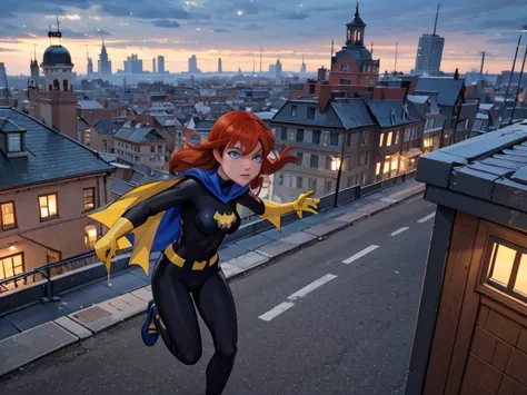 1girl, barbara, red hair, blue eyes, bodysuit, blue cape, gloves, anxious, outside, running across a rooftop, cityscape, windy, ...