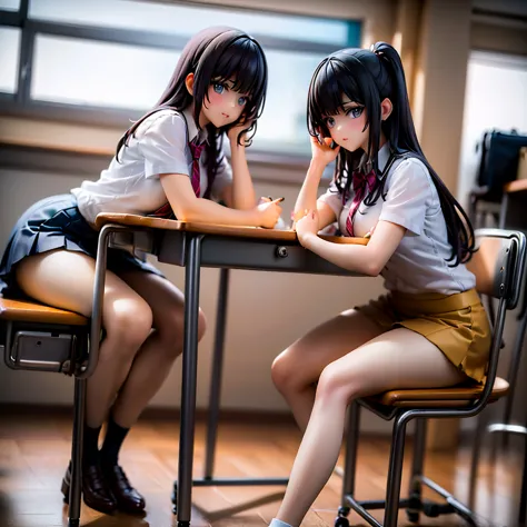 high school girls in high school classroom,(((sitting on a desk))), she&#39;s dangling her legs。