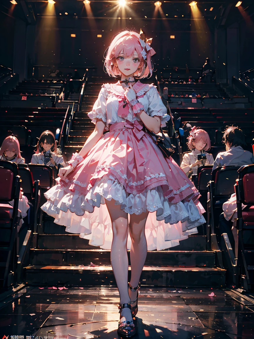 （masterpiece，Highest quality，Highest quality者，Official Art，Cosmetology and aesthetics：1.2），1 girl、Full body portrait，Take to the stage，alone，Looking at the audience，Pink short bob、Pink Hair、Dating Prostitute_dress，Attention to detail，Cinematic Color Grade，Ultra-high resolution，Highest quality，Sharp focus piece，（This is an 8K wallpaper with highly detailed CG built in..）