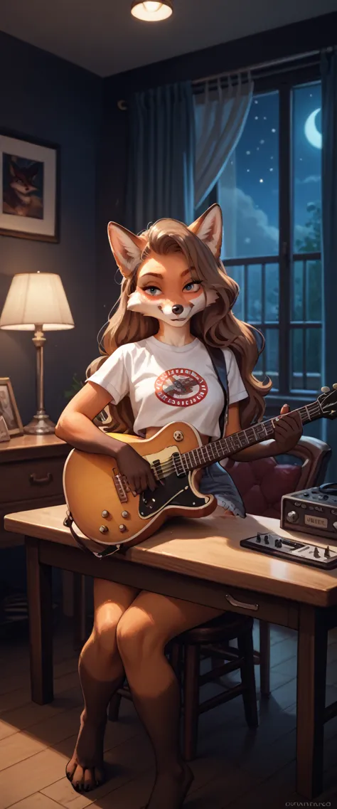 fox, furry, girl, playing guitar, sitting on the table, private room, at night, dark room, low light, polite, long hair, wide hi...