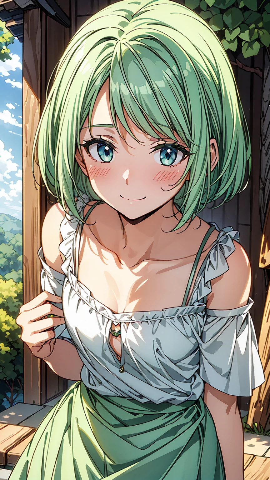 16K、masterpiece、High resolution、((Myulan))、Medium chest、Green Hair、(short hair)、((Summer clothes、White long skirt))、blush、smile、(Angle from below)、