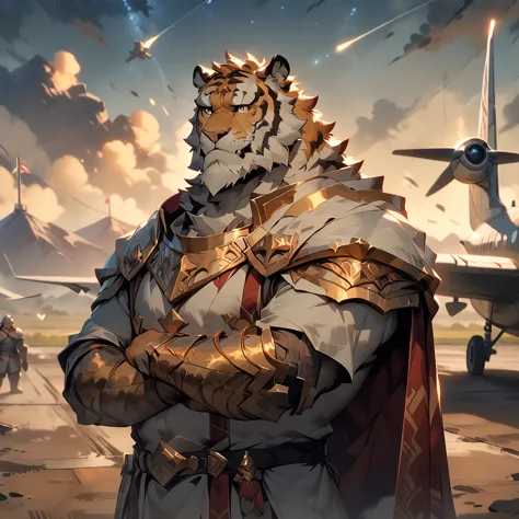 from side, full body, paladin, plump middle-aged british tiger man, looking at the sky, brown eyes, beautiful beard, male face, ...