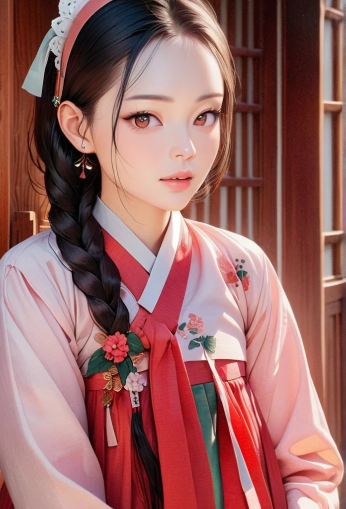 (best quality best,high resolution,very detailed), masterpiece, best quality, (masterpiece), (Detailed illustrations), top quality, illustration, (intricate details), (Korean style, realistic: 1.37), Upper body close-up, Very delicate and beautiful, very detailed, 8K wallpapers, amazing, fine details, high resolution, very detailed eyes and face, Full body front view, (Looking for viewers: 1.4), Korean style Hanok, Traditional Korean Houses, Korean woman, The Girl in the Hanbok, (20 years old), beautiful 완벽한 대칭의 얼굴, Detailed delicate pupils, pale skin, Black hair braided and decorated with gold decorative pins, headdress, earring, Flower pattern, Summer hanbok made of thin material, Close-up photo of a woman standing in a large space, Rich crimson hanbok skirt, beautiful, Gorgeous and classic, Detailed description of traditional Korean clothing, very detailed, 가장 realistic 일러스트, 