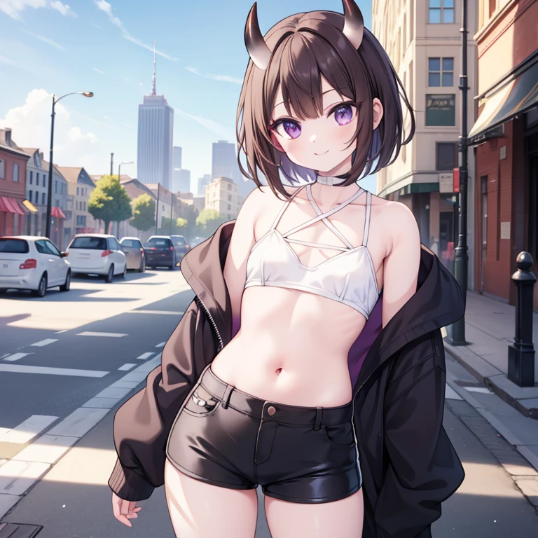 Masterpiece, best quality, high quality, ultra detailed, high res, has Brown short hair, has Purple eyes, has beautiful abd Perfect eyes, has oni horns, pale skin, wears Black crop top, white shorts, has small chest, Smile, standing, city in the background, sunny day