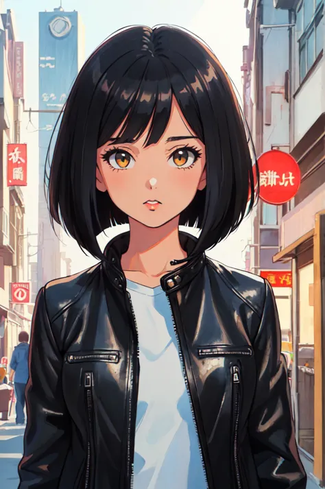 (best quality, masterpiece, raw photo,ultra-detailed:1.2), 1girl, 独奏, looking at viewer, 
bob cut, leather jacket,
 traditional ...