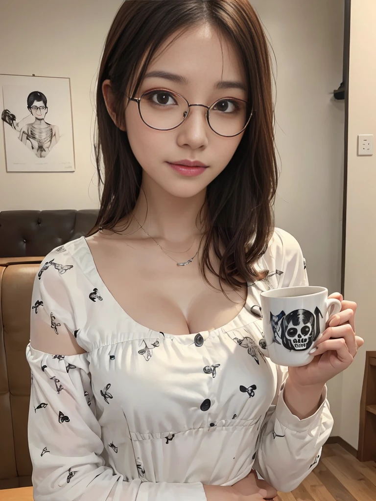 masterpiece, Full HD, Realistic, 1 girl, Off-the-shoulder blouse, Black-rimmed glasses, black eye, Detailed face, Detailed clothing, Realistic skin texture, Dynamic Lighting,The background is a modern cafe with white walls,Modern art print mug,Beautiful face,Beautiful eyes,Beautiful Skin,smile,very short hair,Perfect Style,((Stand with a mug:1.2)),Correct skeleton,White skin