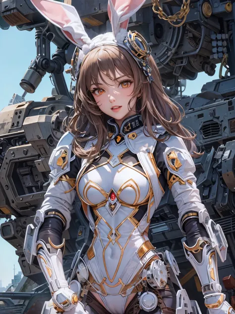 ((Highest quality)),(Ultra-high resolution),(Super detailed),(Detailed Description),((The best CG)),(masterpiece),Highly detailed art,(Art with precise detail:1.5), (Female Heroes:1.7),smile:1.1,Mechanic Bodysuit:1.3,Fluorescent color:1.5,Detailed mechanics system:1.1,Mecha Eye:1.3,(Mechanical Bunny Ears:1.4),