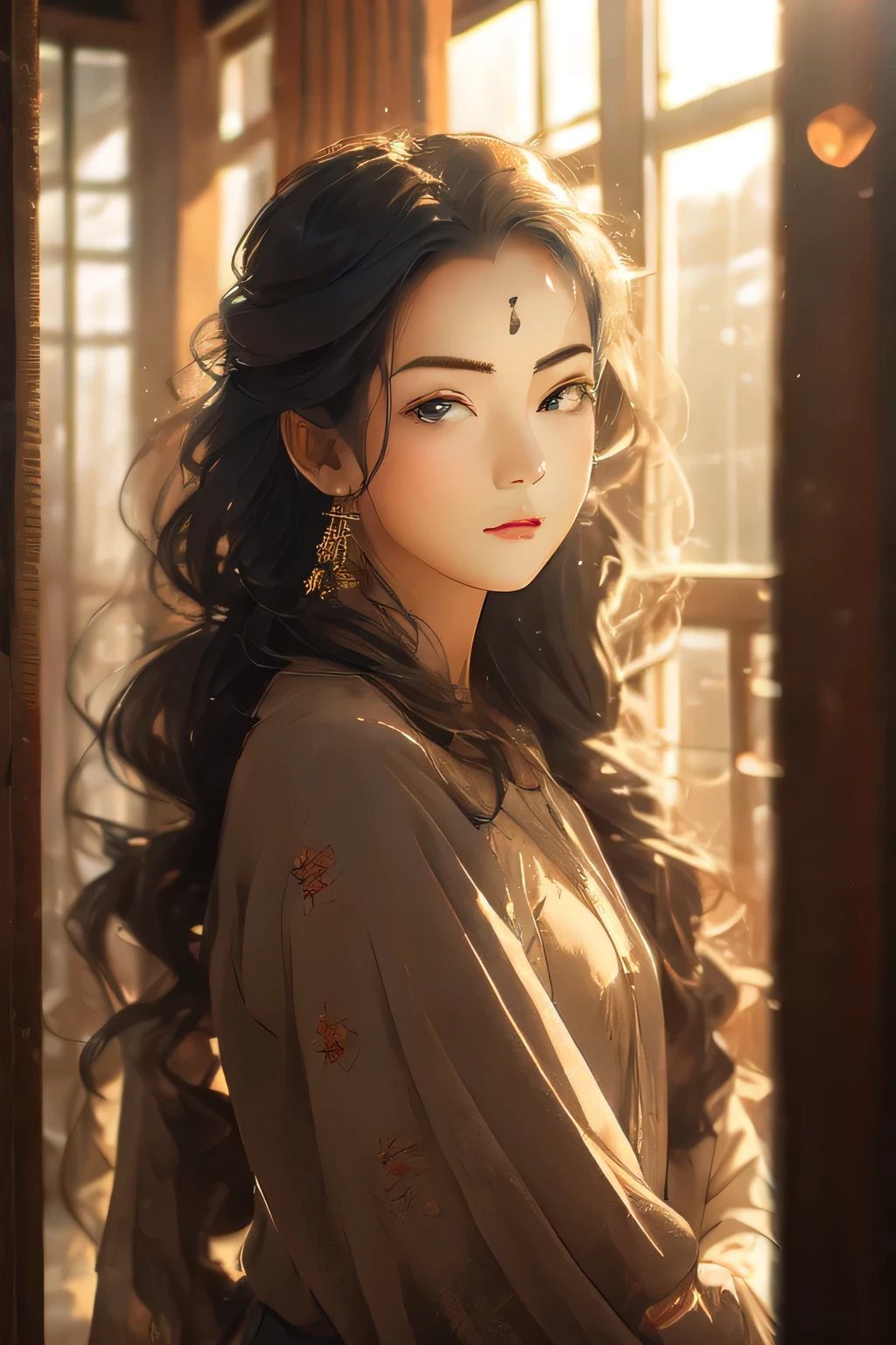 Girl standing at the window, morning sun,Beautiful face,surpass quality, 