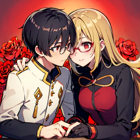 1 boy with black hair, red jacket and glasses romantically kissing a girl with blonde hair and red eyes. flower field in the bac...