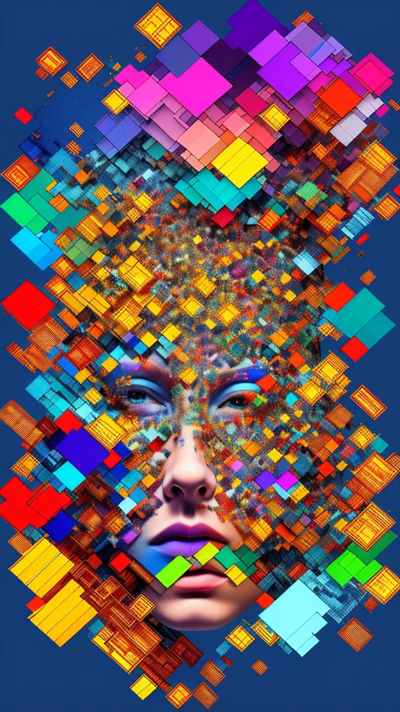 1 woman, ultra detailed, official art, unity 8k wallpaper, glitch art, (number distribution):1.2, pixelated fragments, data streaming, colorful noise, visual chaos, contemporary cohesion.