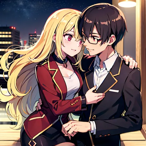 1 boy with black hair, red jacket and glasses romantically kissing a girl with blonde hair and red eyes. city at night in the ba...