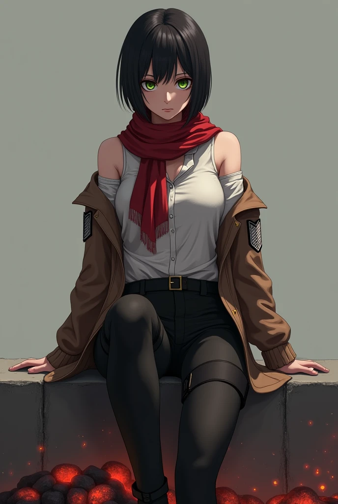 masterpiece, Best quality, realistic, high detail, photorealistic, Mikasa Ackerman(attack on titan),split,Off-the-shoulder clothing,1 girl, Hand strap, bang, black hair, black trousers, breast, cowboy shot, coals, green eyes, Gray background, hair between eyes, curb, long sleeves, I look at the viewer, medium breast, trousers, red scarf, scarf, shirt, short hair, smoke, One, thigh strap,  brown jacket, white shirt, Research Corps \(coat of arms\),