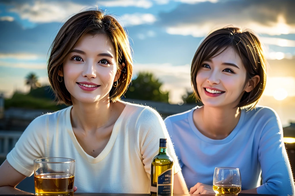 (Realistic, 超Realistic:1.4), 16k hdr, High resolution,Brown short hair,The best smile、Japanese actress,Super Beauty(Like the real thing),Short sleeve dress,Whiskey bottles、The Macallan、Johnnie Walker、、Old Parr、whiskey、Suntory、Nikka、Slim couple、Model Couple、(Realistic, Intricate details:1.2), full-course dinner、Whiskey bottle and glass on the table、Single Malt、scotch、Rocks glass、Shot Glass、Whisky on the Rock、Scotland、Amazing view of the sunset sky and clouds、,Digital single-lens reflex camera, Soft lighting, Detailed Background, Written boundary depth, Volumetric lighting, Sharp focus, super Realistic 肌,super beautiful expression,Cloud Effect:1.2、プロ品質のHigh resolution、Realistic facial features,Highest quality,Slim figure,Highly detailed face,Highly detailed eyes,Beautiful Lips,Excellent light particles,Cinema Lighting,blue eyes,