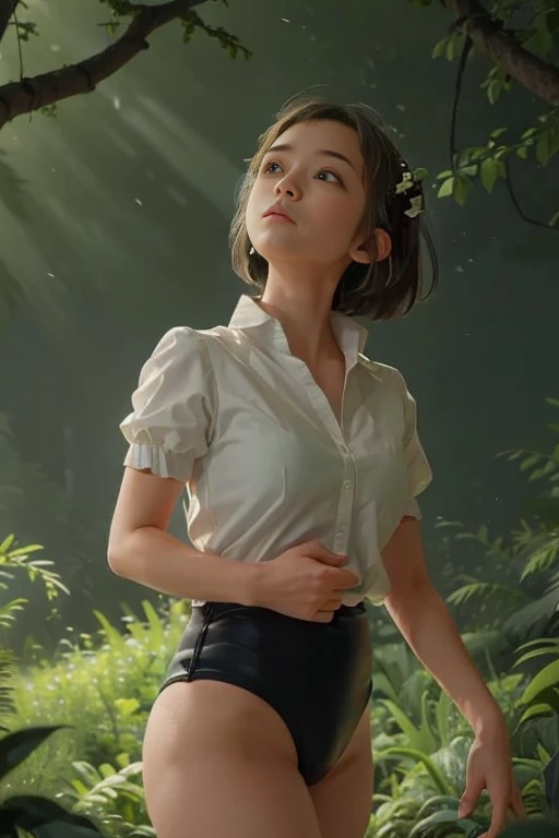 (masterpiece, highest quality),  (夜のdark森), One Girl, young teen, Black gymnastics bloomers, High leg、white blouse, standing in night forest, Looking up at the forest、Anxious expression, Emotional, Wide-angle, dark, Best Shadow, watercolor,