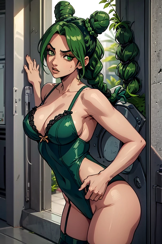 Jolyne Cujoh, cute and sexy girl, black and green hair with a braid and two buns, sexy lingerie, erotic