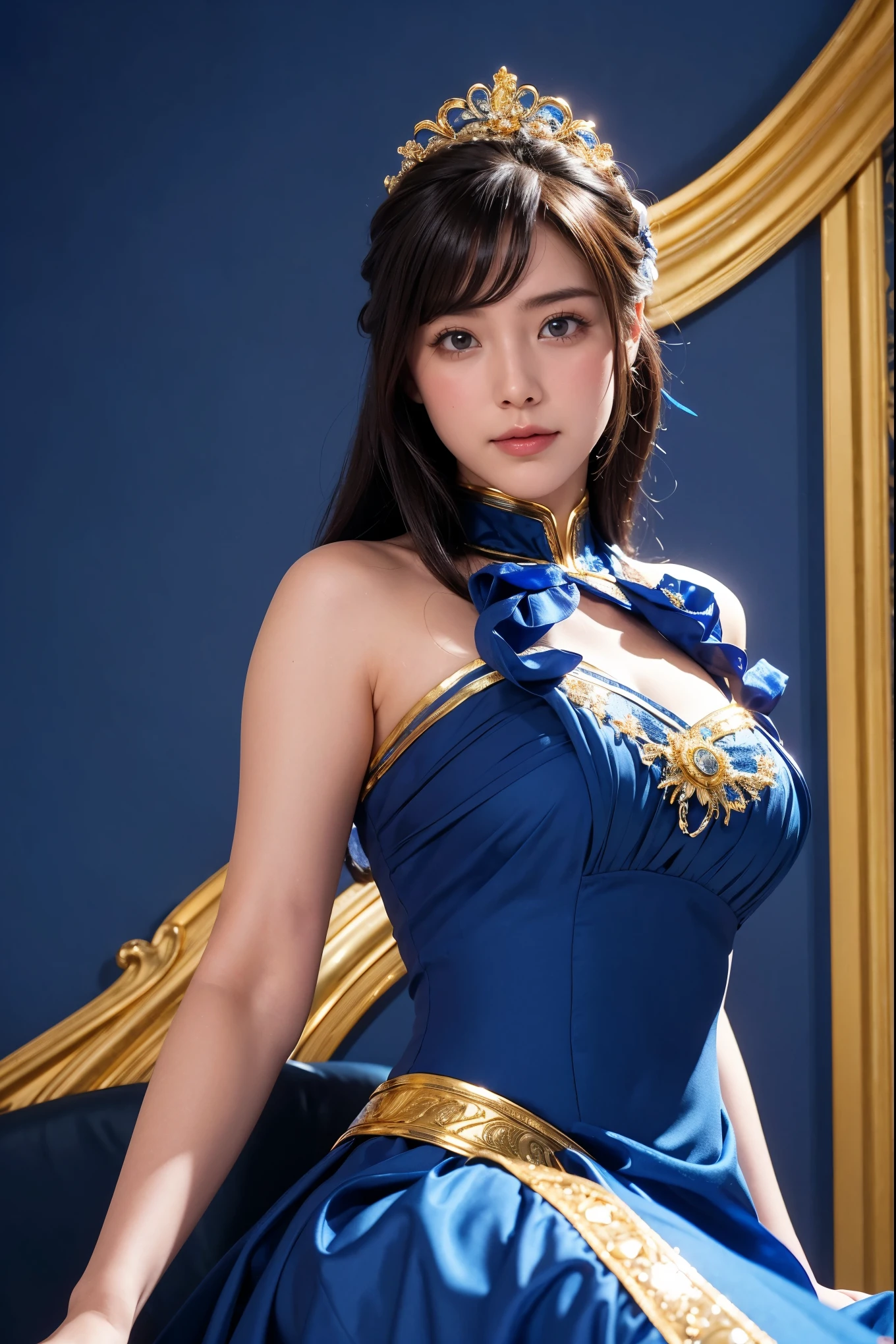 Medium display, Medium Shot, Written boundary depth, bust,Photograph the whole body, Movie angle, masterpiece, Highest quality, Very detailed, CG, 8k wallpaper, Beautiful Face, Delicate eyes, Otome, alone, smile, have, Cobalt blue dress with gold trim, High heels、Blue sky background,kamehameha