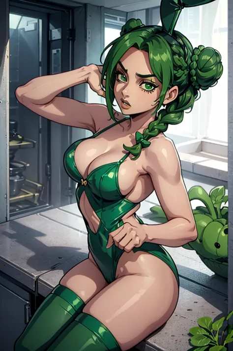 jolyne cujoh, cute and sexy girl, black and green hair with a braid and two buns, green bunny suit, green playboy bunny suit, gr...