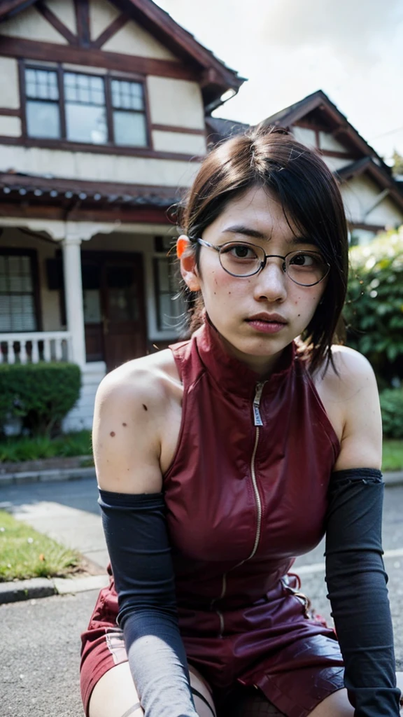 An Asian sister taking pictures in a cosplay costume in front of an old private house, an 1 with the face of a , Boruto's Sarada costume, a cosplayer, a frontal angle, the best strobe photography, whole body,